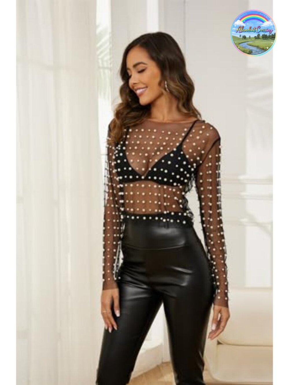 Sheer Mesh Pearl Rhinestone Crop Top Long Sleeve Y2K Clubwear Coverup - Picture 4 of 6